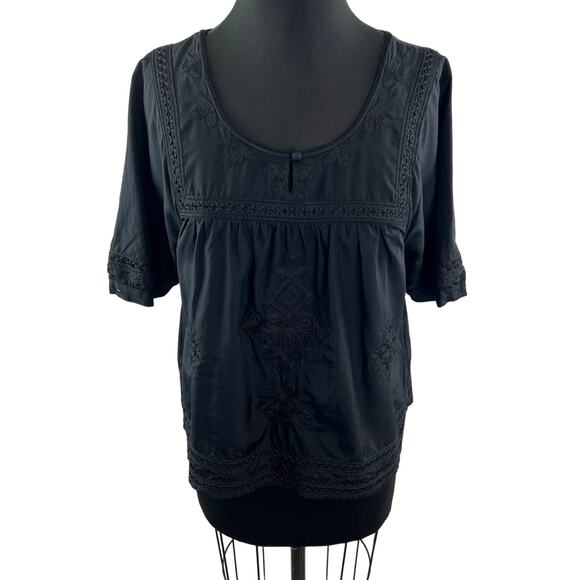 VINTAGE Lucky Brand Peasant Top Black Silk Cotton Scoop Short Sleeve S Small - Picture 1 of 8